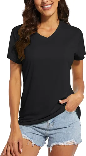 Vista 5 de MAGCOMSEN Camisetas de mujer con cuello en V, manga corta, UPF 50+, protección solar, secado rápido, camisetas atléticas