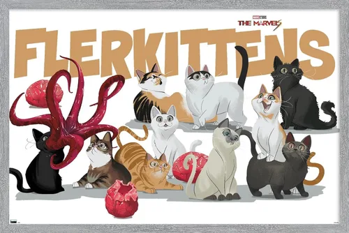 Vista 14 de Marvel The Marvels - Póster de pared de Flerkittens, 22.4 pulgadas de largo x 14.7 pulgadas de ancho, versión enmarcada de madera de granero