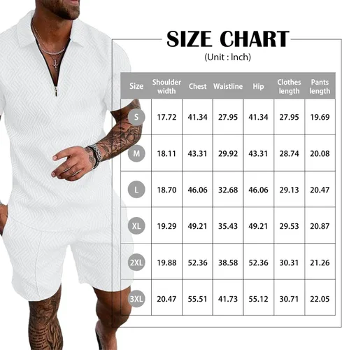 Vista 6 de Aulemen Conjunto deportivo de 2 piezas con cremallera para hombre, manga corta, camiseta polo y pantalones cortos, conjuntos de verano para hombre