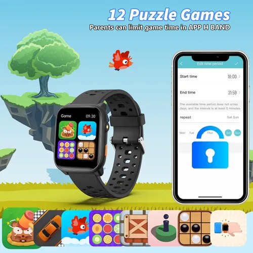 Vista 5 de Reloj inteligente para niños con juegos de rompecabezas, relojes para niños de 1.83", monitor de ritmo cardíaco, monitor de sueño, podómetro, reloj