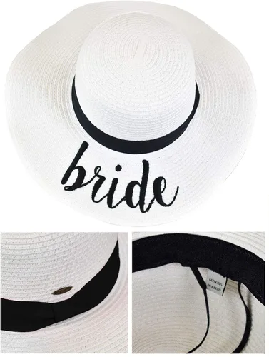 Vista 4 de C.C - Sombrero de playa para mujer de tela de papel con frase bordada, de ala ondulada que se dobla y es flexible