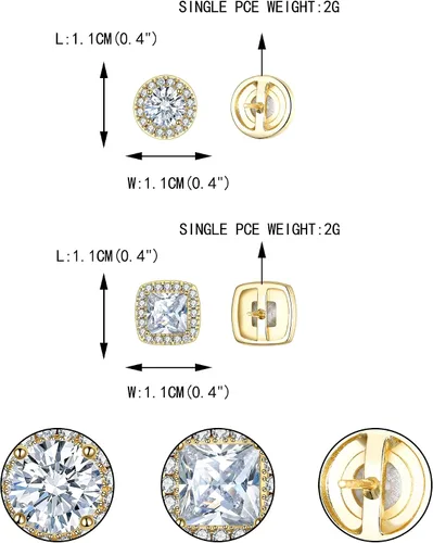 Vista 6 de EVER FAITH Aretes de tuerca de boda para mujer, color blanco brillante con corte cuadrado redondo y circonita cúbica para novia (2 pares), Circonita