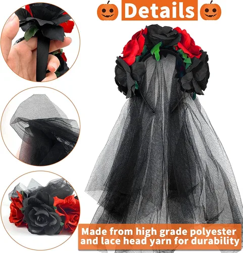 Vista 6 de Diadema del Día de los Muertos con velo para novia, rosa, corona floral, guirnalda de Halloween, disfraz de fantasma, carnaval, fiesta