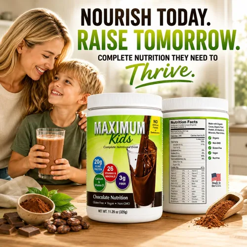 Vista 8 de Maximum Kids - Mezcla completa de polvo orgánico. Gran sabor, fácil de usar, bebida nutricional completa con 26 vitaminas y minerales, 0.71 onzas