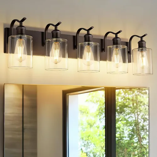 Vista 32 de Lámpara de tocador de baño de 3 luces, aplique de pared de níquel cepillado, lámpara de baño moderna con vidrio transparente, VL01BN-3 Níquel