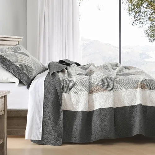 Vista 9 de Finlonte Colchas tamaño Queen 100% algodón, ligero y suave, edredón de retazos reales a cuadros, colcha acolchada, marrón, beige, gris, reversible