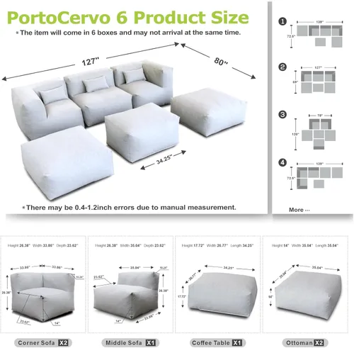 Vista 2 de ANNYH PortoCervo - Juego de 6 muebles de patio para exteriores que combina 1 silla central y 2 sillas esquineras, 3 otomanas, sillas de puf rellenas