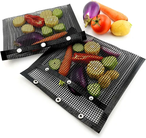 Vista 3 de GUCUJI Bolsas de malla para barbacoa, resistentes al calor, antiadherentes, reutilizables, fáciles de limpiar, color negro, rectangular, paquete