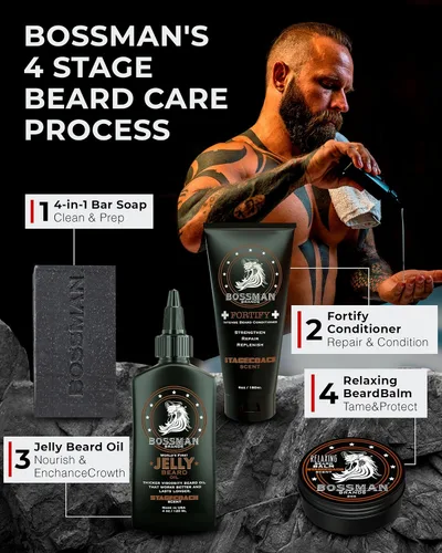 Vista 6 de Bossman Kit completo de barba para hombres, regalos para papá para el día del padre, gelatina de aceite de barba para hombres, acondicionador