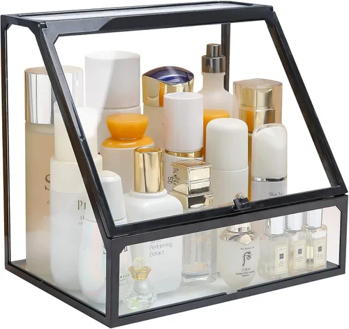 Vista 5 de MOOCHI Organizador de maquillaje cosmético de vidrio vintage negro con 3 cajones, juego de polvo impermeable para cosméticos, vitrina