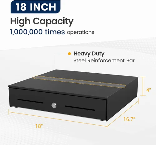 Vista 3 de Cajón de caja de 18 pulgadas de alta capacidad: bandeja extraíble de 5 billes/5 monedas, apertura electrónica automática, cable RJ11/12, 24 V, Negro