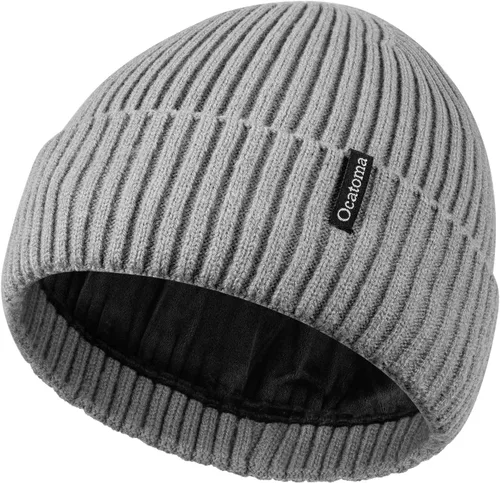 Vista 25 de Ocatoma Gorro para hombre y mujer, cálido gorro de invierno tejido con puños, suave y cálido, gorro de esquí unisex Camello gris