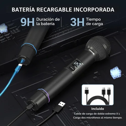 Vista 4 de TONOR Sistema de Micrófono Inalámbrico, Escaneo Automático y Emparejamiento Micrófono Inalámbrico Recargable Profesional, Set de 2x100 UHF