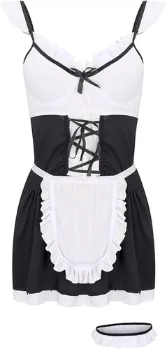 Vista 2 de Lencería sexy de sirvienta francesa para mujer vestido de sirvienta con cordones vestido elegante con ribete de volantes lencería de anime y cosplay