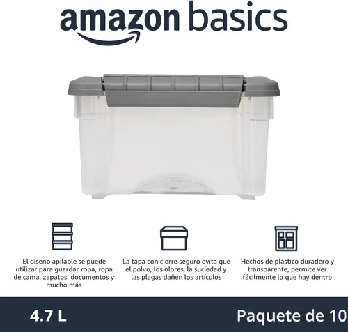 Vista 2 de Amazon Basics Contenedores de almacenamiento de plástico con tapas de cierre seguro, cubos organizadores apilables, transparente/gris, 5 cuartos
