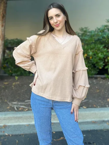 Vista 9 de BTFBM Blusa de manga larga con cuello en V para mujer ajuste holgado con volantes hombros descubiertos punto gofre color sólido camisetas de otoño