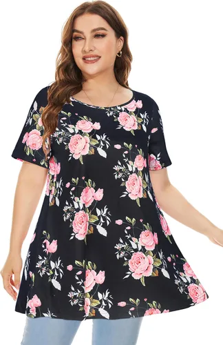 Vista 4 de Blusas de talla extragrande para mujer, camisas de túnica manga corta, informal, estilo floral, blusas fluidas