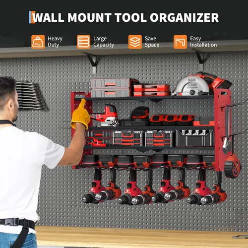 Vista 2 de GarveeTech Organizador de herramientas eléctricas, soporte de pared para taladro, estante de garaje resistente de 4 capas con cargas de metal de 400