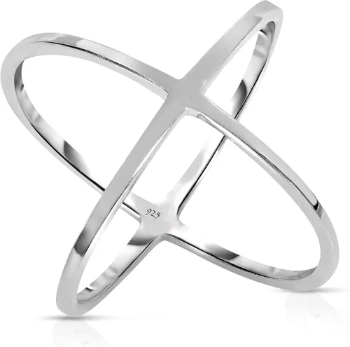 Vista 2 de Anillo largo de plata de ley 925 entrecruzado "X" chapado en platino de diseño.