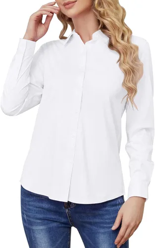 Vista 2 de Camisas con botones para mujer, sin arrugas, de manga larga, elásticas, para negocios, oficina, formal, blusas de trabajo