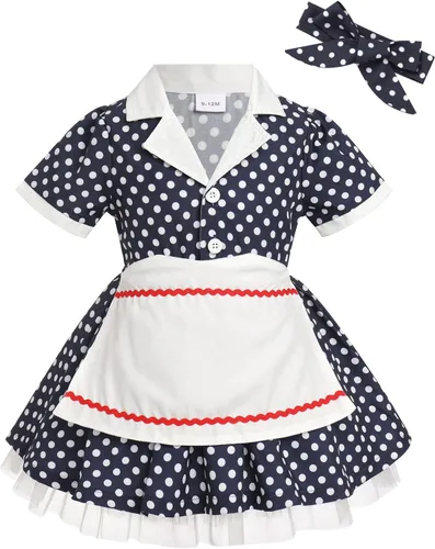 Vista 2 de ODIZLI Disfraz de Halloween para niñas y niñas, vestido de manga corta con volantes y diadema de los años 50, disfraz de fiesta