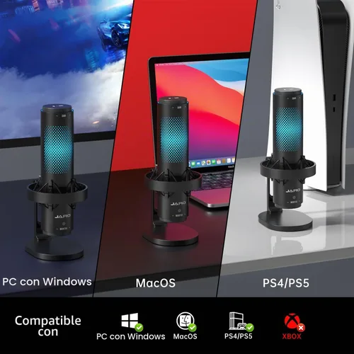 Vista 6 de JARO Micrófono condensador USB con patrón multipolar con cancelación de ruido silenciosa RGB para podcasting, juegos, transmisión, YouTube, Zoom
