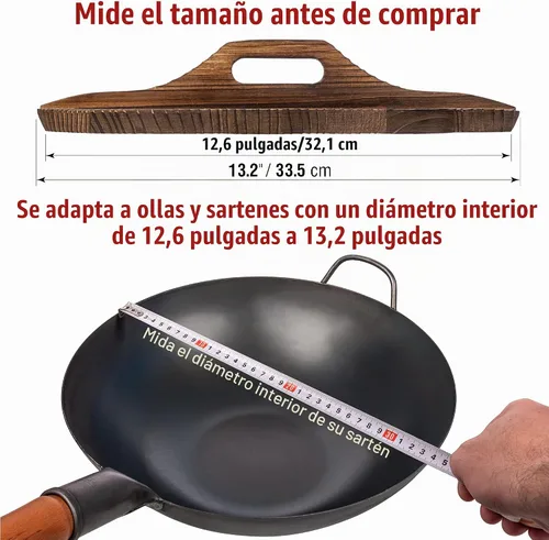 Vista 3 de YOSUKATA Funda Wok Premium 13.2" para Wok 13.5"- Tapa de madera para sartén