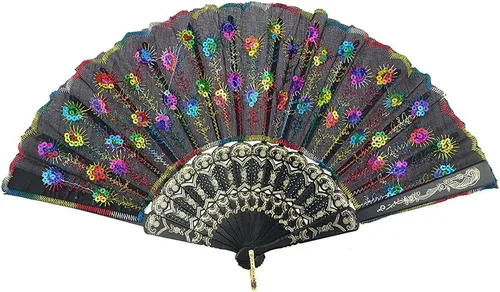 Vista 9 de InnoLife Elegante abanico de mano plegable con flores bordadas y patrón de pavo real con lentejuelas en tela artesanal (5 piezas, rojo)