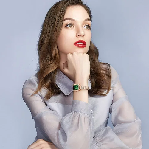 Vista 5 de SHENGKE SK - Reloj cuadrado único para mujer, con correa de malla de acero inoxidable, de cuero auténtico, elegante, rectángulo, para mujer