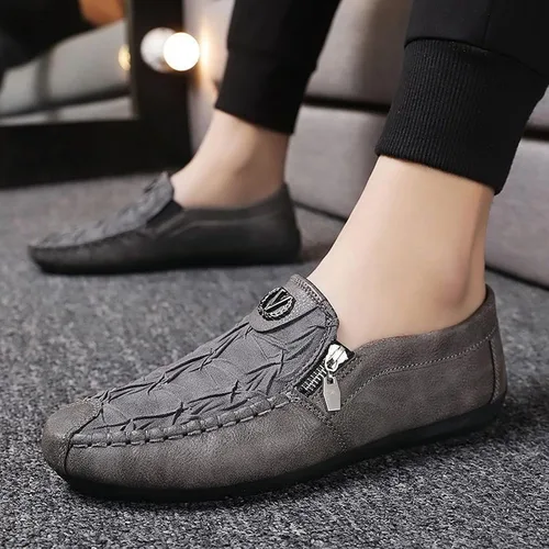 Vista 4 de Mocasines de cuero vintage con cremallera para hombre, cómodos, suela suave, zapatos náuticos, elegantes y casuales para conducir y caminar