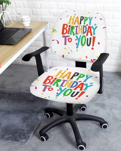 Vista 2 de Funda elástica para silla de oficina con texto en inglés «Happy Birthday» para silla de computadora, respaldo, cinta de colores, arte abstracto
