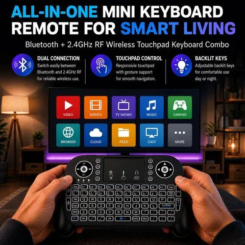 Vista 2 de Mini teclado inalámbrico con panel táctil, Bluetooth + control remoto RF de 2.4 GHz, teclado recargable retroiluminado de 7 colores para Smart TV