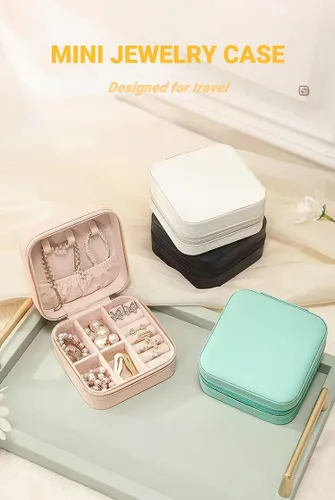 Vista 2 de Sazfli Joyero de viaje, pequeñas cajas organizadoras de joyas, estuche de joyería portátil para mujeres y niñas, de piel sintética, mini organizador