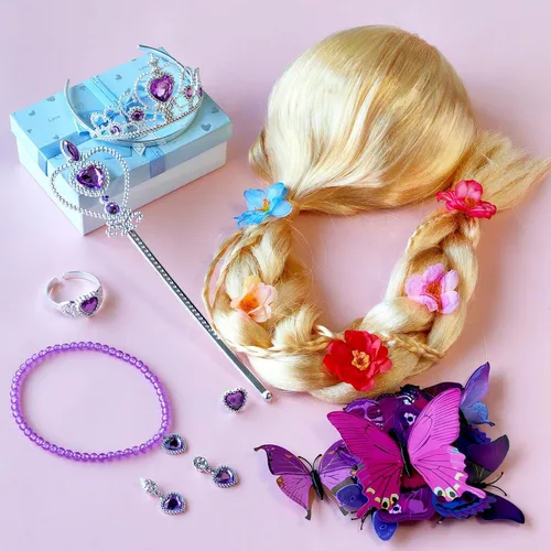 Vista 8 de Tacobear Disfraz de princesa Rapunzel para niñas con accesorios, disfraz de princesa para cumpleaños de niños pequeños