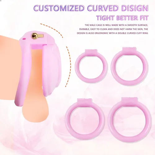 Vista 5 de AMAZBEE Jaula de castidad de mariquita rosa, jaula de castidad para adultos, dispositivo de castidad para adultos, con 4 anillos para el pene, jaula