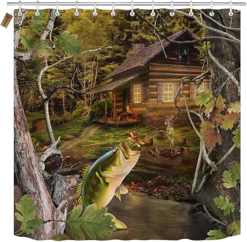 Vista 2 de Juego de 4 cortinas de ducha de cabaña, diseño de pez lubino salta del lago para comer, libélula barco, camuflaje, bosque verde, bosque, casa