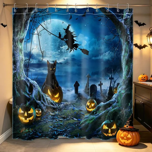Vista 29 de LB Cortina de ducha espeluznante de Halloween, árbol muerto espeluznante con tela de araña de murciélago, cortina de ducha de baño con temática