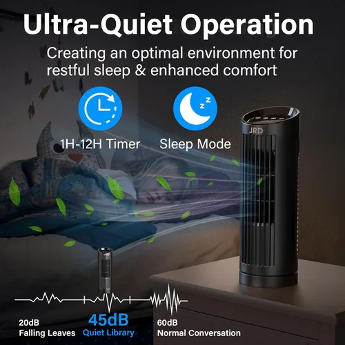 Vista 13 de JRD Ventilador de torre de 13 pulgadas para dormitorio, ventilador de escritorio silencioso con control remoto, oscilación de 80°, 3 velocidades, 4