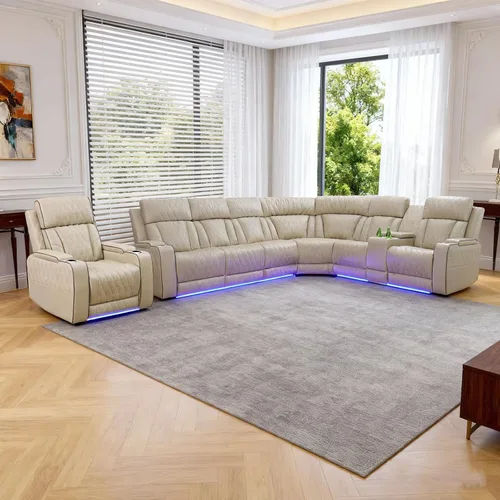 Vista 9 de Juego de sofá reclinable eléctrico, juegos de muebles de sala de estar, juego de sofá modular de cuero con luces LED, portavasos, consola