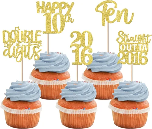 Vista 133 de 30 piezas negras para cupcakes de 10.º cumpleaños con purpurina Ten Happy 10 Straight Outta 2016 para saludos a 10 años 10 cumpleaños, boda Negro