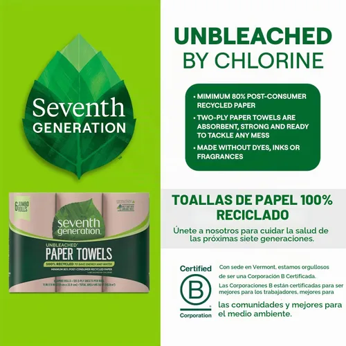 Vista 7 de Seventh Generation Toallas de papel sin blanquear, 100% papel reciclado, 6 unidades, paquete de 4 Marrón