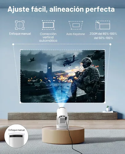 Vista 3 de Mini proyector con WiFi y Bluetooth, compatible con corrección Keystone automática 4K 1080P 170 ANSI, proyector portátil giratorio de 210°