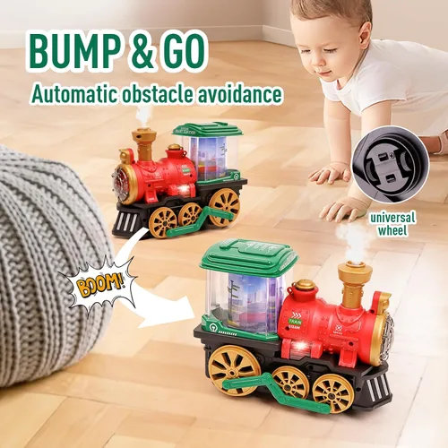 Vista 3 de Juguete eléctrico de tren de vapor para niños pequeños de 3 a 5 años, camión Bump and Go con locomotora de vapor, humo, luz y sonido, rotación