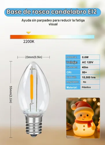 Vista 2 de Juego de 2 cables de accesorios de 6 pies con una bombilla LED, luces de cadena para interiores de molde soplado, lámpara C7 con fusible de repuesto