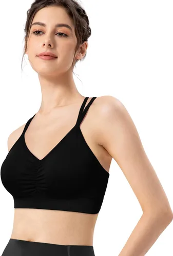 Vista 4 de VEQKING Brasier deportivo con espalda cruzada para mujer, brasier deportivo fruncido, soporte medio, brasier de yoga con relleno extraíble