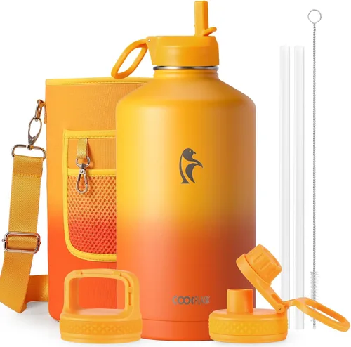 Vista 54 de Coolflask Botella de agua de 20 onzas aislada con pajilla, 3 tapas de metal de acero inoxidable, botella de agua de boca ancha para deportes u