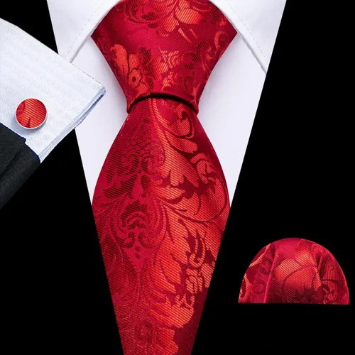 Vista 3 de Barry.Wang Conjunto de corbata de flores de cachemira para hombre, corbata, bolsillo tejido, eslabones cuadrados para boda