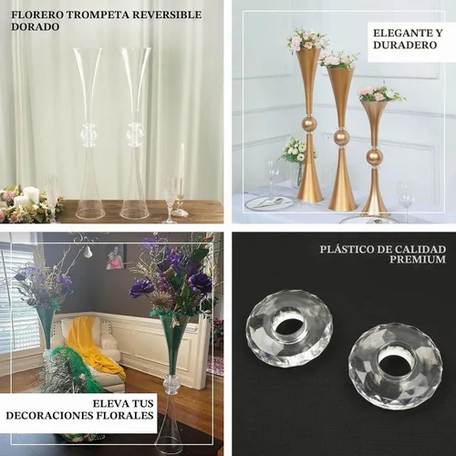 Vista 4 de Efavormart - Juego de 2 centros de mesa de trompeta con adornos de cristal transparente de 31 pulgadas, jarrón reversible de plástico para flores