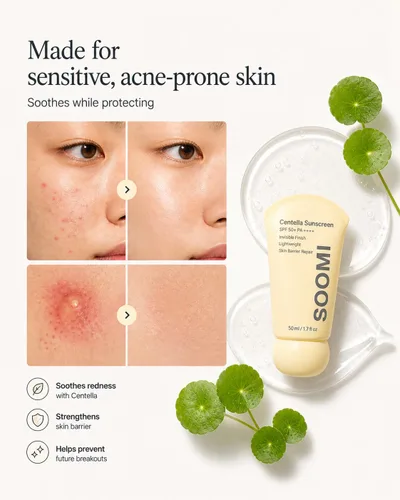 Vista 4 de Soomi Skin Centella Protector solar 1.7 fl oz SPF 50 Centella Asiatica - Protector solar coreano para piel sensible, sin yeso blanco, protección