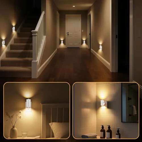 Vista 7 de Luces nocturnas LED enchufables a la pared, paquete de 4 regulables con sensor de atardecer a amanecer, blanco cálido de 2700 K, luz nocturna